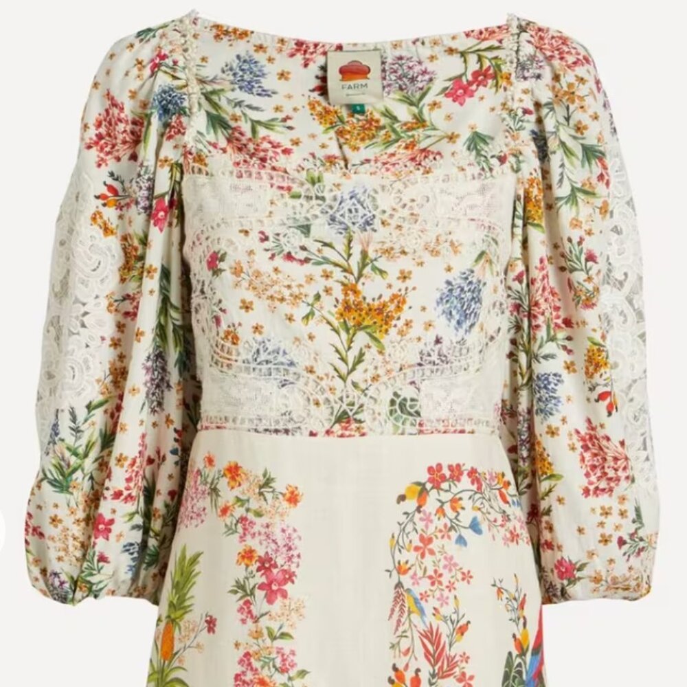 NWT Farm Rio Anthropologie | Delicate Forest Billow Sleeve Embroidered Mini